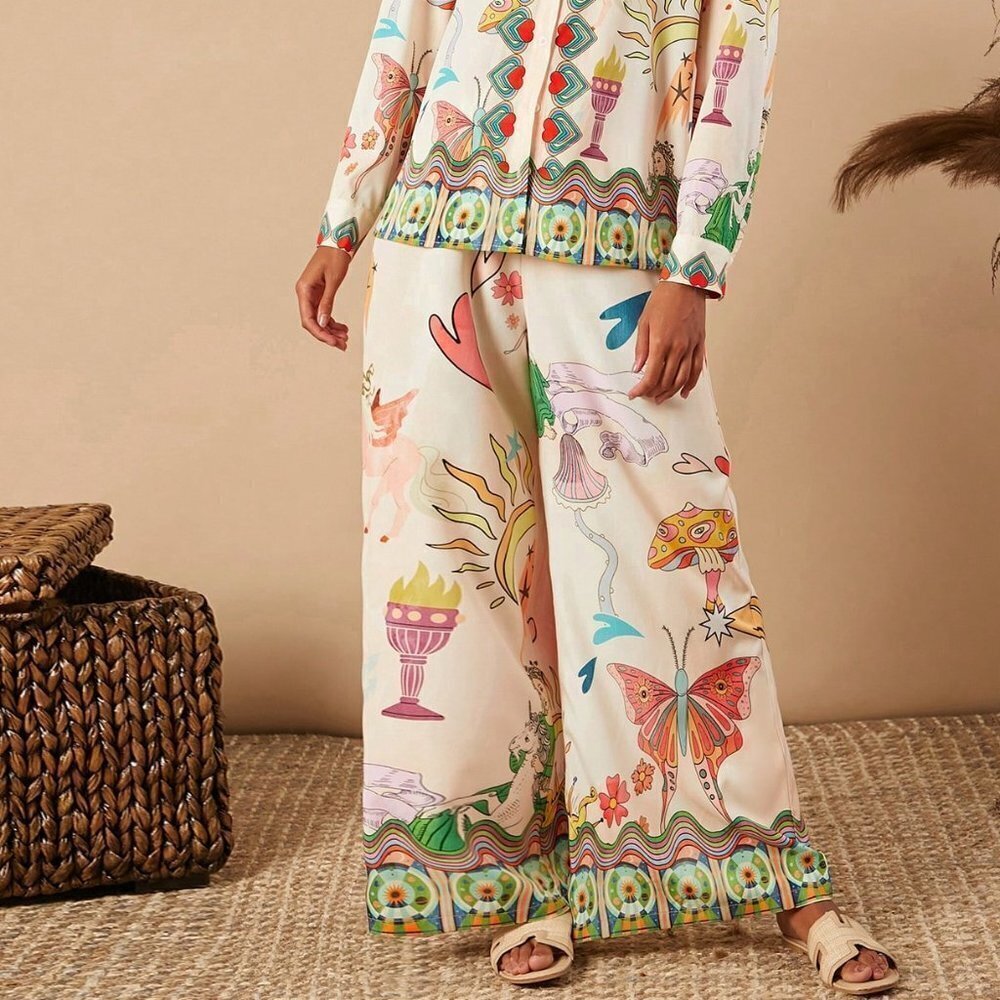 Multicolor Boho Women's Loose Wide Leg Vacation Printed Woven Pants